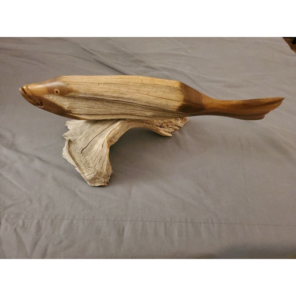 6" H x 13" L Hand carved  fish on drift wood Signed Mendoza on bottom Buttonwood